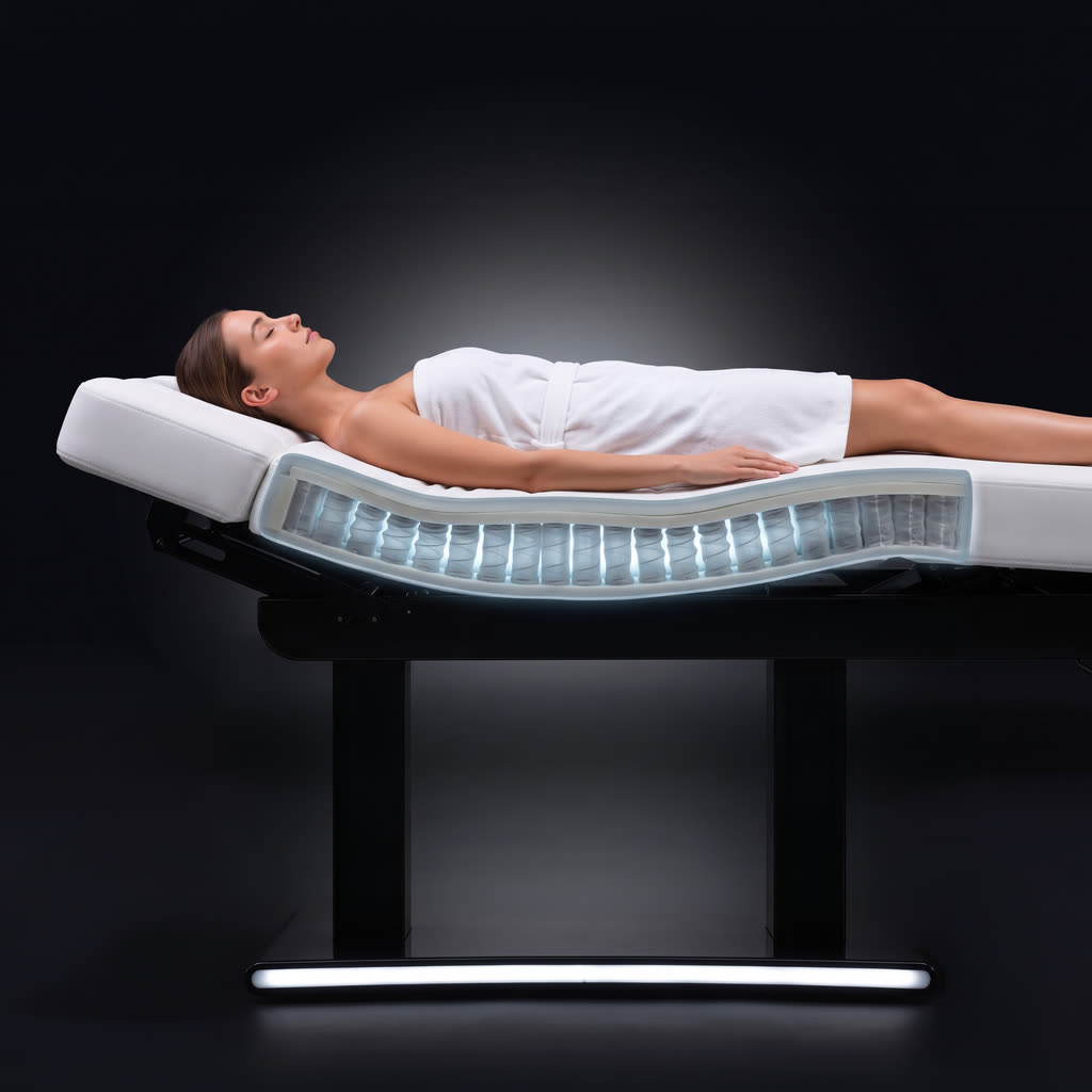 Vue en coupe du matelas de Lyra, avec une cliente allongée sur le lit