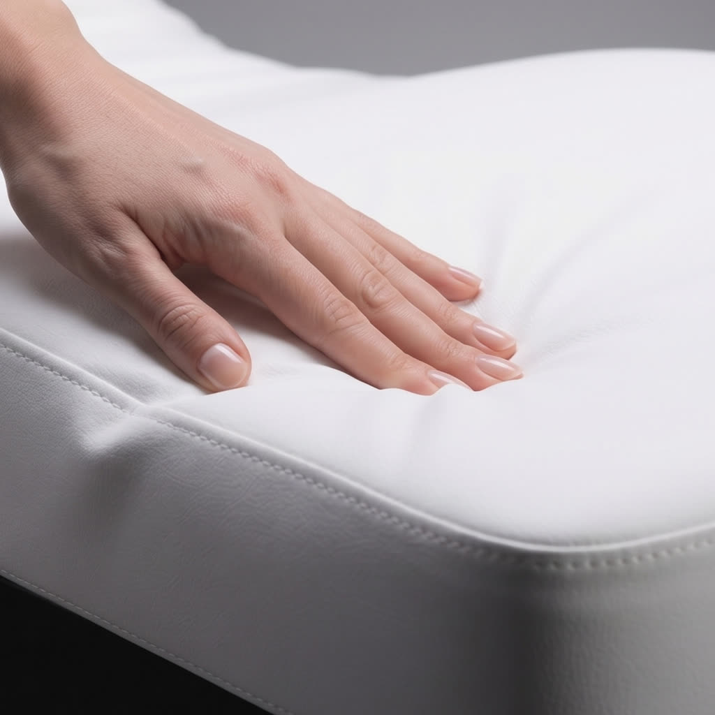 Une main s’enfonce dans la mousse à mémoire de forme du lit Stella Lyra